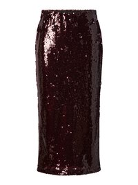 Bordeaux pencil skirt med paljetter, der har en tætsiddende silhuet, glat tekstur, knælængde, med en skinnende, reflekterende overflade og uden synlige lukninger.