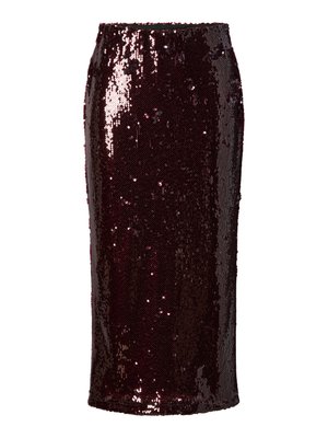 Bordeaux pencil skirt med paljetter, der har en tætsiddende silhuet, glat tekstur, knælængde, med en skinnende, reflekterende overflade og uden synlige lukninger.