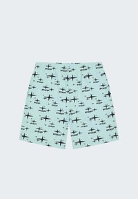 Shorts bleu clair avec motifs d'étoiles noires et logos "PXP" imprimés partout, dotés d'une ceinture élastique.
