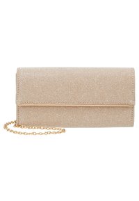 Metalický béžový psaníčko s texturovaným povrchem, překlápěcí klopou a odnímatelným zlatým řetízkem. Vyznačuje se minimalistickým designem a elegantním provedením.