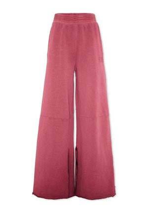 Pantaloni a gamba larga, vita alta, rosa, con elastico in vita e spacchi laterali vicino all'orlo, realizzati in morbido tessuto a maglia.