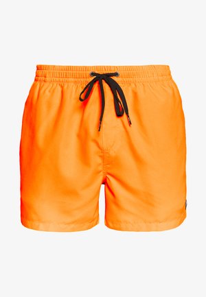 Orange swim shorts with a black drawstring, elastic waistband, smooth texture, and a short, above-the-knee cut.