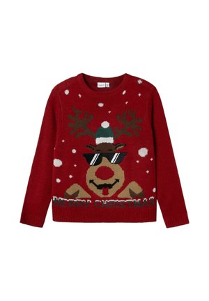 Maglione rosso lavorato a maglia con un renna che indossa occhiali da sole e un cappello verde, circondata da fiocchi di neve bianchi e la scritta "BUON NATALE".