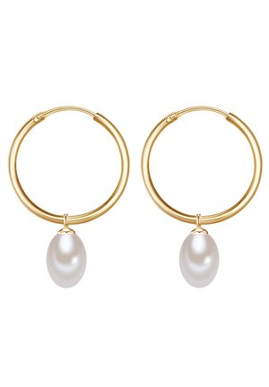 Kuldsete rõngaste kõrvarõngad, millel on sile, valge pärl riputatuna. Rõngad on ümmargused ja poleeritud, lihtsa kinnituse kujundusega.