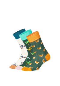 Tres pares de calcetines de algodón con diseños variados: verde oscuro con zorros, menta con flamencos y crema con pájaros. Puños de colores brillantes.