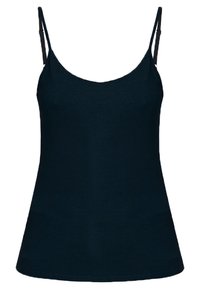 Schwarzes, ärmelloses Top aus weichem Stoff. Verfügt über dünne, verstellbare Träger und eine enge Passform. Glatte Textur, schlichtes Design.