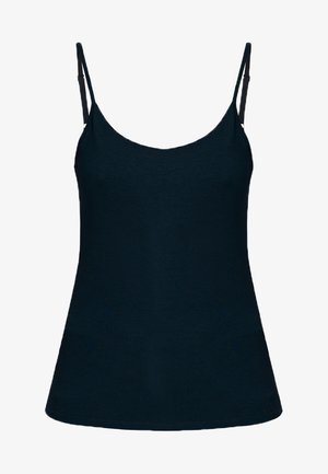 Black, sleeveless camisole top made of soft fabric. Features thin adjustable straps and a fitted silhouette. Smooth texture, simple design.