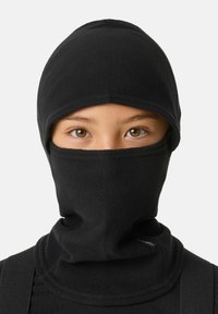 Sort fleece balaclava der dækker hovedet og nakken, sømløst design, blød tekstur og minimal syning, hvilket giver fuld dækning og varme.