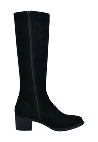 Schwarze Wildleder-Stiefel bis zum Knie mit einem seitlichen Reißverschluss, niedrigem Blockabsatz und elegantem Design. Glatte Textur und minimalistisches Erscheinungsbild.
