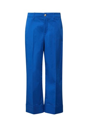Pantaloni larghi a gamba larga di un brillante blu acceso, corti con orli risvoltati, passanti per cintura e chiusura frontale con bottone e zip.