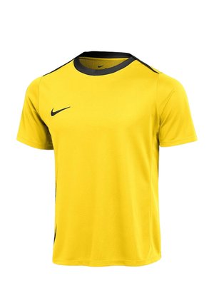 T-shirt de sport jaune à manches courtes avec col noir et petit logo Nike swoosh noir sur la poitrine gauche.