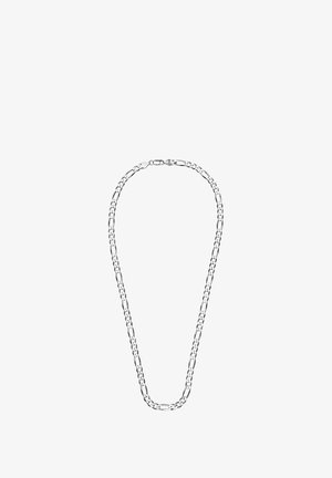 Srebrny metalowy naszyjnik z łańcuchem, charakteryzujący się wydłużonymi ogniwami z teksturowanymi akcentami, zaprojektowany w prostym, symetrycznym kształcie.
