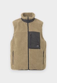 Μπεζ φλις αμάνικο γιλέκο με μαύρο γιακά και κλειστές τσέπες στο στήθος και στα πλάγια, με κλείσιμο μπροστά με φερμουάρ.