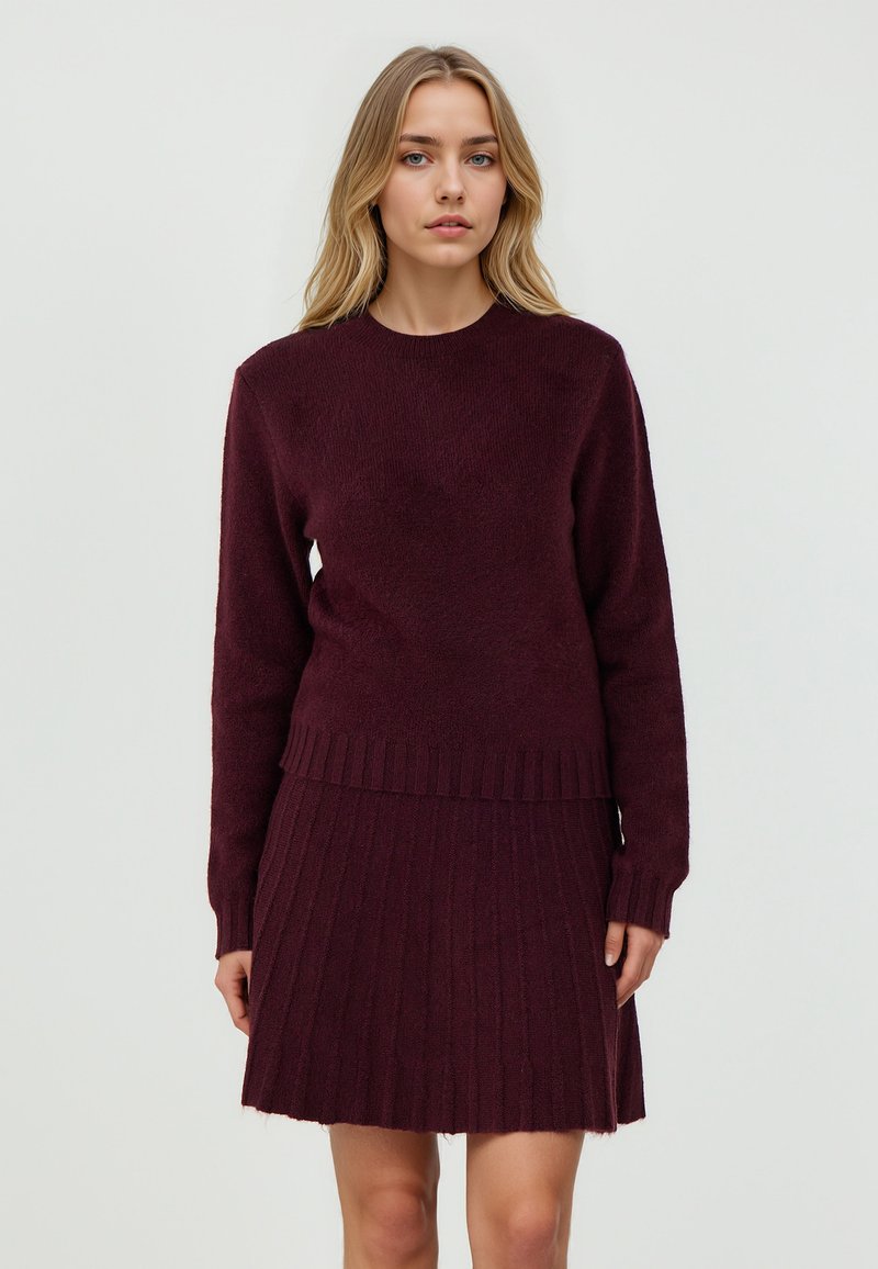 Burgunderfarbener Pullover aus Strick mit ribbeligem Rundhalsausschnitt, langen Ärmeln und einem passenden plissierten Rock, der eine weiche Textur und eine figurbetonte Silhouette zeigt.