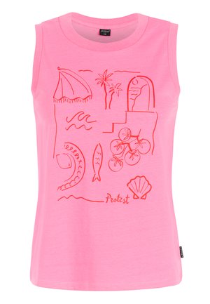 T-shirt sans manches rose, en coton, présentant un motif linéaire rouge sur le thème de la plage : un parasol, des palmiers, des vagues, des poissons et un coquillage.