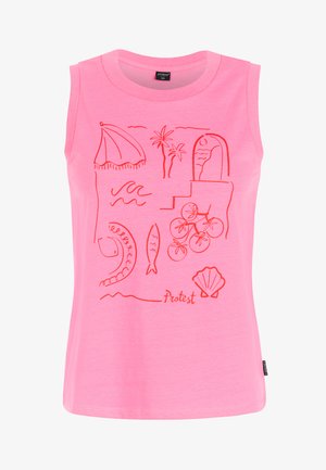 Lyserød ærmeløs t-shirt i bomuld med rødt strandtema lineart: en paraply, palmetræer, bølger, fisk og en muslingeskalsdesign.