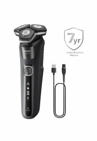 Rasoi Philips Serie 5000, caratterizzato da un corpo nero con tre testine rotanti, indicatori LED e un cavo di ricarica USB.