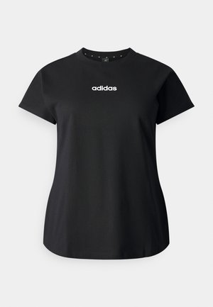 Black cotton t-shirt with short sleeves, round neck, featuring a white "adidas" logo on the front, smooth texture, and relaxed fit.