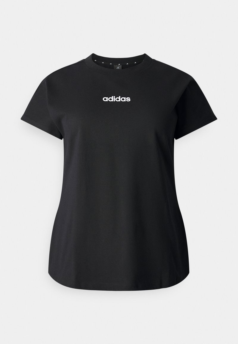 T-shirt nera in cotone con maniche corte, colletto tondo, caratterizzata da un logo "adidas" bianco sul davanti, texture liscia e vestibilità comoda.