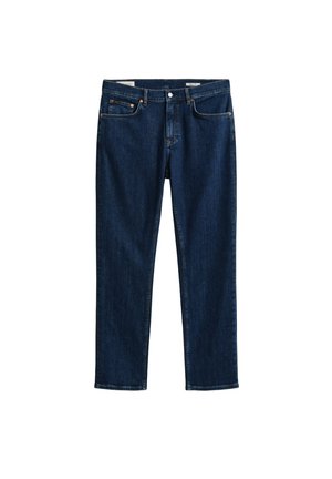 Dunkelblaue Jeans mit geradem Bein, vorderen Taschen, Gürtelschlaufen und Knopfverschluss.