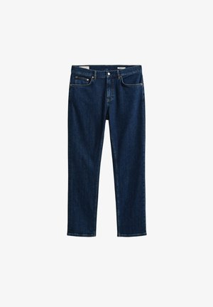 Dunkelblaue Jeans mit geradem Bein, vorderen Taschen, Gürtelschlaufen und Knopfverschluss.
