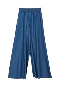 Pantaloni ampi blu realizzati in tessuto leggero. Presentano una vita elastica e una texture liscia con un design morbido e fluido.