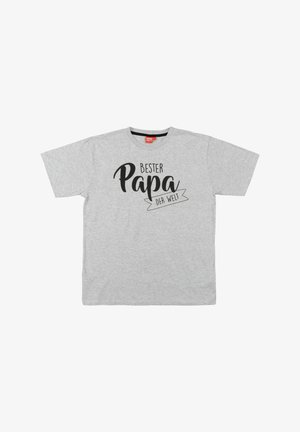 Grey cotton t-shirt with short sleeves featuring the black text "Bester Papa der Welt" on the front, surrounded by a stylized banner.