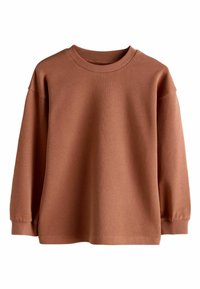 Brauner Rundhals-Pullover aus weichem Material, mit langen Ärmeln, gerippten Bündchen und Saum sowie einer glatten, gleichmäßigen Textur.