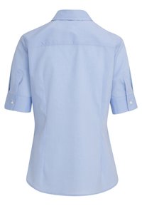 Ljusblå kortärmad skjorta med klassisk krage, knäppta manschetter och ett slätt, något texturerat tyg. Enkel och ren design.