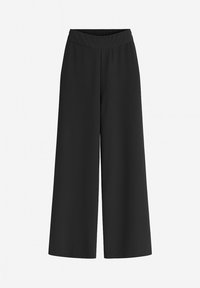 Pantalons larges noirs en tissu lisse, dotés d'une taille élastique et d'une silhouette fluide, offrant confort et polyvalence.
