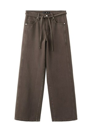 Pantaloni marroni a gamba larga con tasche frontali, passanti per cintura e cintura in tessuto abbinato annodata in vita, mostrati distesi su uno sfondo bianco.