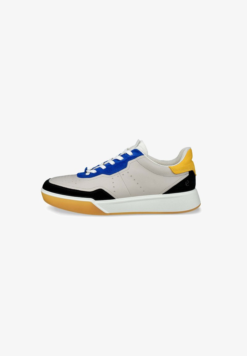 Sportlicher Sneaker mit einem grauen Leder-Obermaterial, blauen und gelben Akzenten, schwarzem Wildleder und einer weißen Zwischensohle. Gummiaußensohle mit strukturiertem Grip.