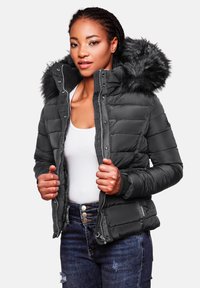 Black puffer jacket with a faux fur hood, zippered front, and ribbed cuffs. Features a fitted design with horizontal panels. Worn over a white top.