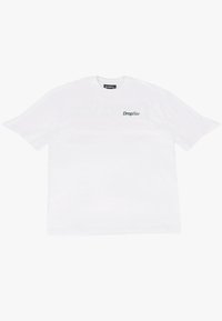 T-shirt en coton blanc avec un col rond, des manches courtes et un logo "DropSize" vert sur le devant, présentant une texture lisse.