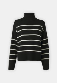 Black turtleneck sweater with white horizontal stripes, loose fit, ribbed texture at collar and cuffs, cropped design, soft fabric.