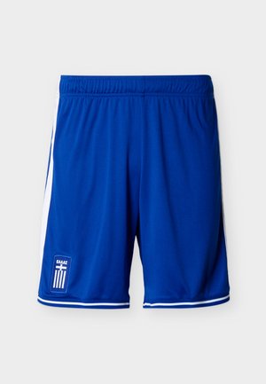 Pantalones cortos deportivos azules con franjas blancas en los lados, cintura elástica y un pequeño emblema griego en la parte inferior de la pierna izquierda.