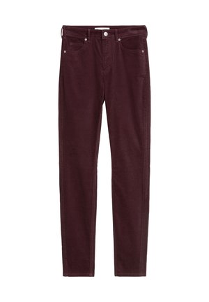 Bordowe sztruksowe spodnie o prostym kroju, z dwoma przednimi kieszeniami, tylną kieszenią oraz srebrnymi metalowymi elementami do zapinania.
