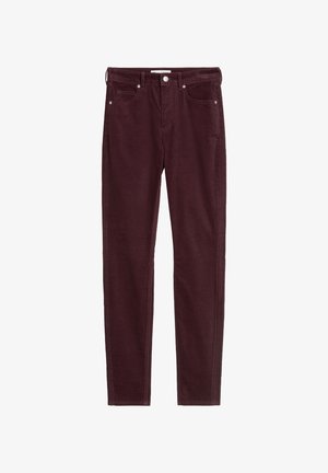 Bordowe sztruksowe spodnie o prostym kroju, z dwoma przednimi kieszeniami, tylną kieszenią oraz srebrnymi metalowymi elementami do zapinania.