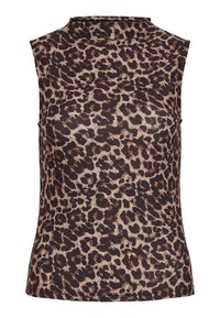 Sleeveless top in leopard print, featuring a high neckline. Made from a smooth, stretchy fabric with a brown and beige color scheme.