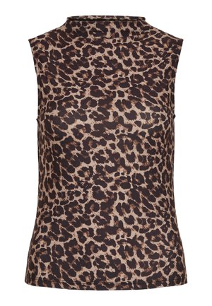 Sømløs topp i leopardmønster med høy hals. Laget av et glatt, elastisk stoff med en brun og beige fargekombinasjon.