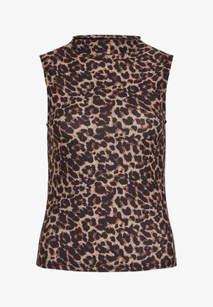 Sleeveless top in leopard print, featuring a high neckline. Made from a smooth, stretchy fabric with a brown and beige color scheme.