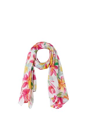 Witte lichte sjaal met levendige roze, gele en groene tropische bloemenpatronen, losjes gestrikt met hangende uiteinden.