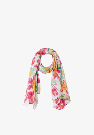 Witte lichte sjaal met levendige roze, gele en groene tropische bloemenpatronen, losjes gestrikt met hangende uiteinden.
