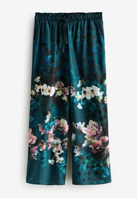 Blumenmuster, tealfarbene Satin-Hose mit weitem Bein und elastischem Bund. Präsentiert lebendige Blumen in verschiedenen Rosa- und Weißtönen auf einem dunklen Hintergrund.