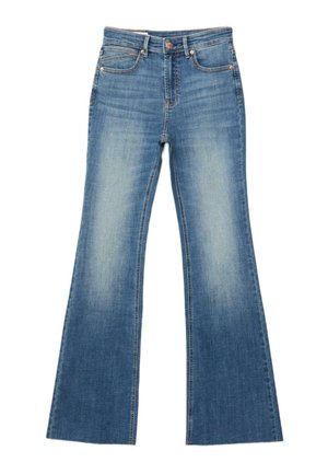 Jean en denim délavé bleu avec taille haute, fermeture à boutons et fermeture éclair, poches avant et jambes évasées.