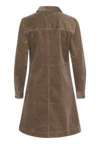 Hněd dress z kordu s dlouhými rukávy, límcem a knoflíkovými manžetami. Silueta ve tvaru A s vertikálními švy na zadní straně.