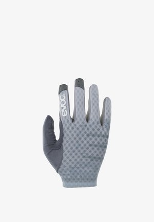 Light gray full-finger cycling glove with dark gray reinforced thumb and fingertips, mesh pattern, and white "evoc" logo on index finger.