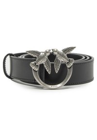 Cintura in pelle nera con fibbia circolare in argento, decorata con due uccelli finemente lavorati, che aggiungono un tocco di dettaglio al materiale liscio.