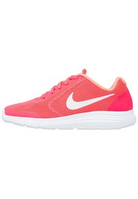 Bright pink Nike running shoe with white swoosh logo and white sole, mesh upper, and laces, side view against white background.