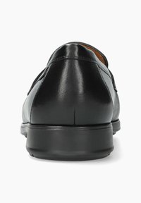 Schwarzer Lederschuh mit glatter Oberfläche, runder Spitze, niedrigem Absatz und minimalen Nähten. Einfaches Design geeignet für formelle Anlässe.